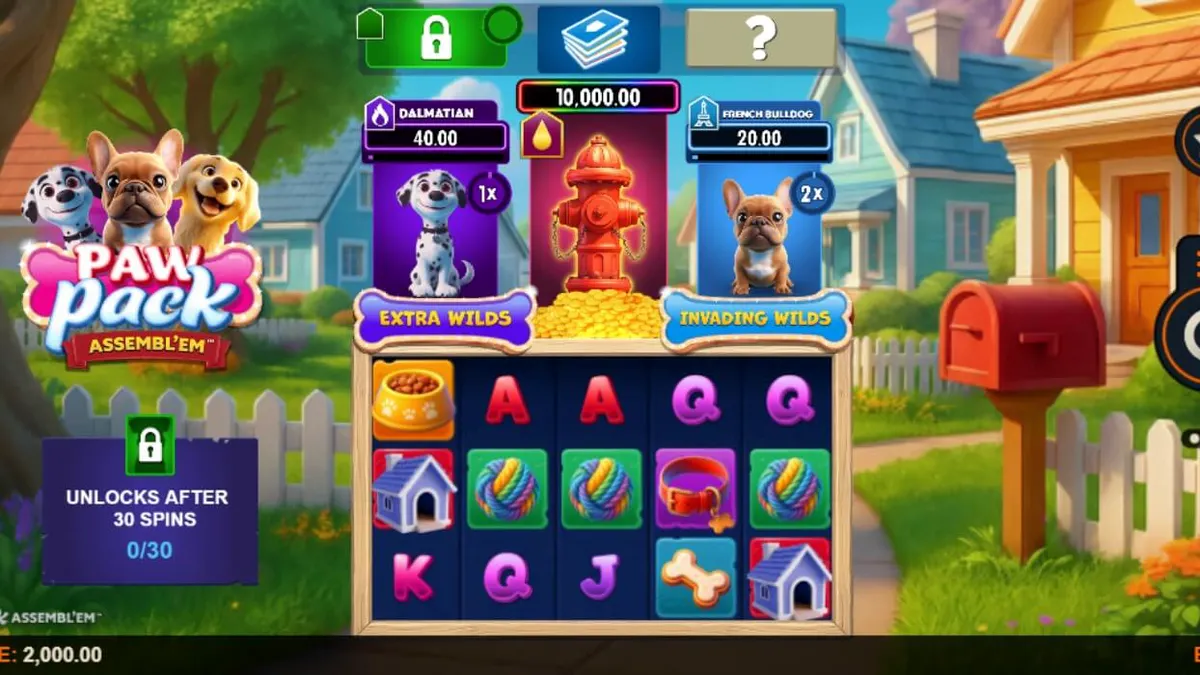 Interface colorida do slot Paw Pack Assembl’Em com cães animados