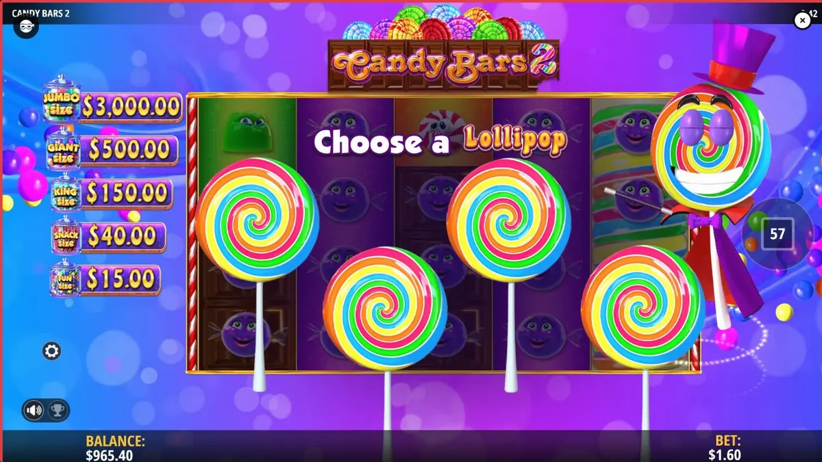 Interface colorida e vibrante do jogo de slot Candy Bars 2 com elementos de fábrica de doces