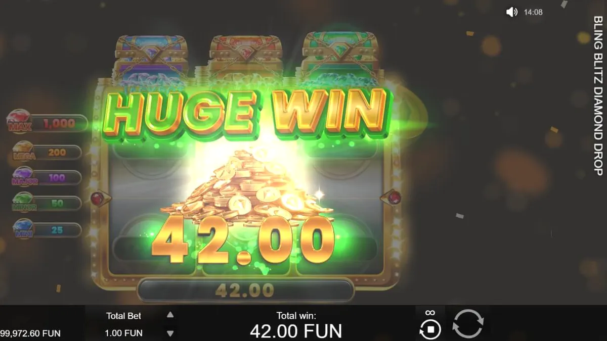Interface do jogo Bling Blitz Diamond Drop com símbolos de diamantes e moedas douradas
